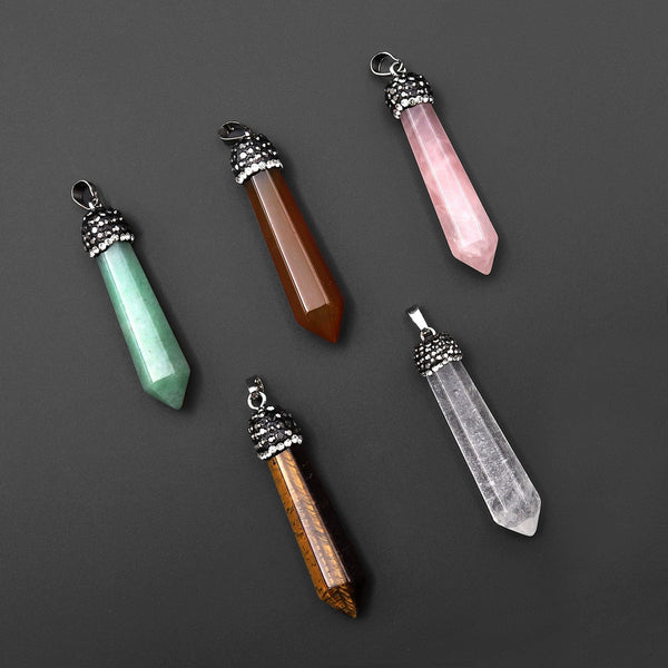 Natural Gemstone Pendulum Tower Pendant Sparkling Rhinestone Rock Quartz Tiger's Eye Aventurine Rose Quartz Carnelian