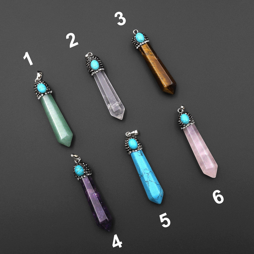 Natural Gemstone Pendulum Tower Pendant Sparkling Rhinestone Rock Quartz Tiger's Eye Aventurine Rose Quartz Amethyst AAA