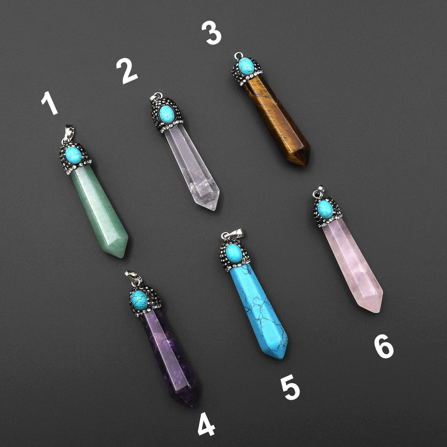 Natural Gemstone Pendulum Tower Pendant Sparkling Rhinestone Rock Quartz Tiger's Eye Aventurine Rose Quartz Amethyst AAA