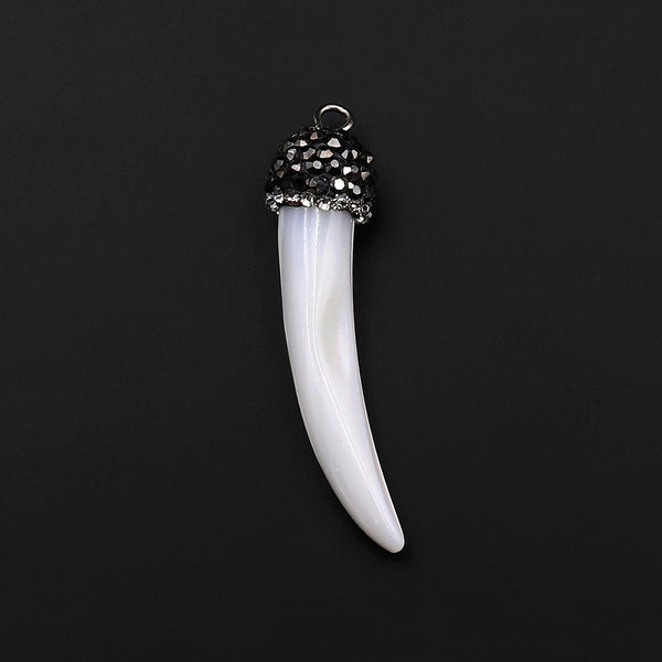 Natural White Mother of Pearl Tooth Claw Pendant Sparkling Rhinestone