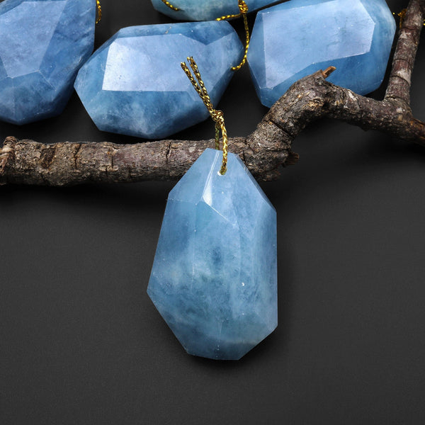 Large Hand Cut Faceted Natural Blue Aquamarine Nugget Pendant Gemstone Focal Bead A1