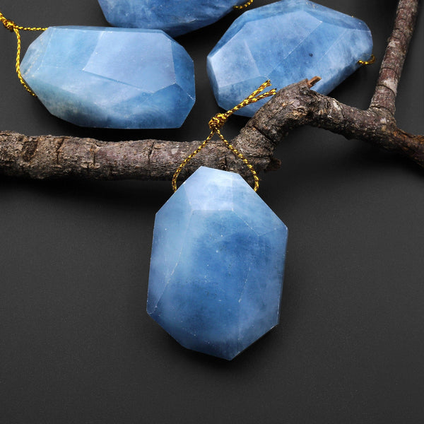 Large Hand Cut Faceted Natural Blue Aquamarine Nugget Pendant Side Drilled Gemstone Focal Bead A1