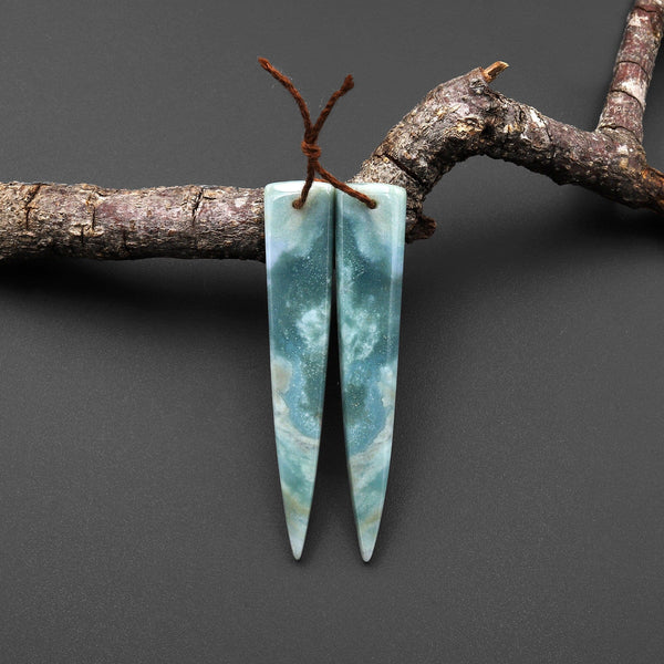 Natural Green Mountain Jade Earring Pair Long Dagger Triangle Drilled Cab Pair Matched Gemstone Beads A4