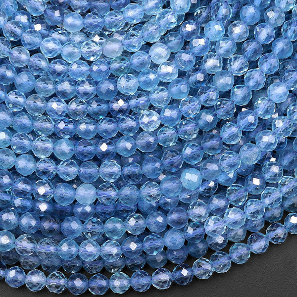 AAA+ Translucent Natural Blue Santa Maria Aquamarine Micro Faceted 4mm Round Gemstone Beads 15.5" Strand
