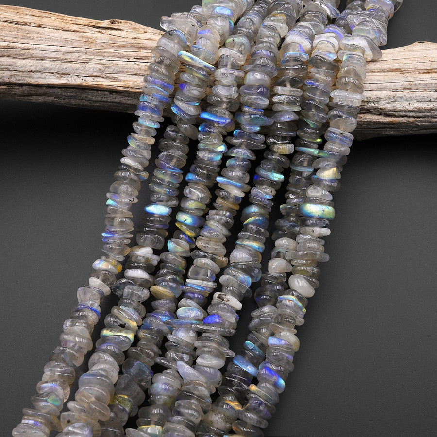 Flashy Natural Labradorite Green Blue Flashes Freeform Chip Rondelle Beads Gemstone 15.5" Strand