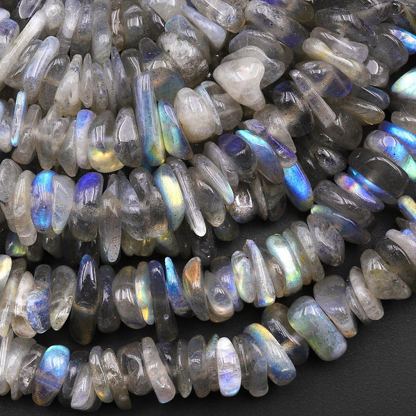 Flashy Natural Labradorite Green Blue Flashes Freeform Chip Rondelle Beads Gemstone 15.5" Strand