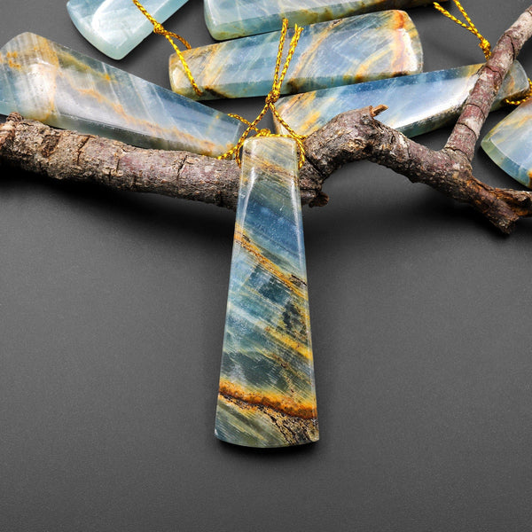 Natural Argentina Lemurian Aquatine Blue Calcite Pendant Trapezoid Side Drilled Gemstone A1