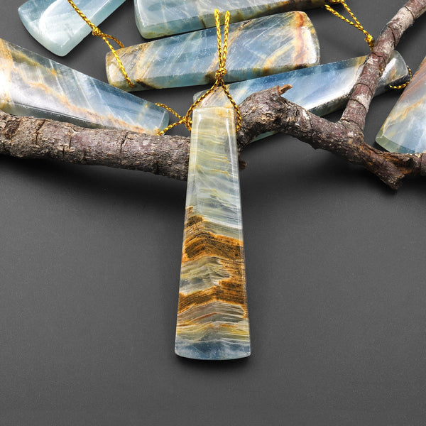 Natural Argentina Lemurian Aquatine Blue Calcite Pendant Trapezoid Side Drilled Gemstone A3