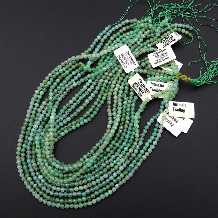 Natural Australian Green Chrysoprase 4mm Smooth Round Beads Translucent Gemstone w/ Dendritic Matrix 15.5" Strand