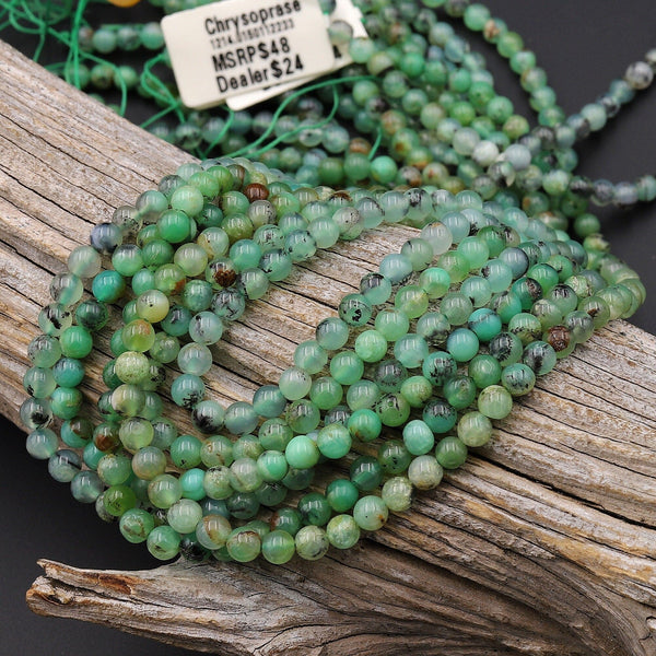 Natural Australian Green Chrysoprase 4mm Smooth Round Beads Dendritic Matrix 15.5" Strand