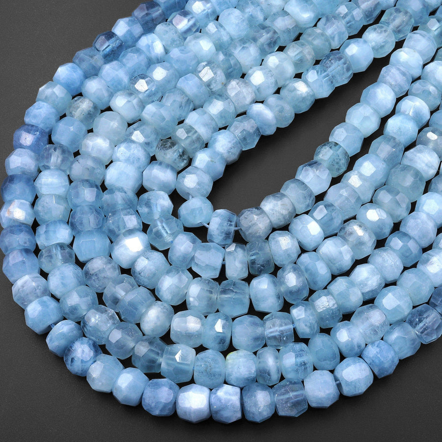 AAA Translucent Faceted Natural Santa Maria Blue Aquamarine Faceted Rondelle Wheel 8mm Beads 15.5" Strand