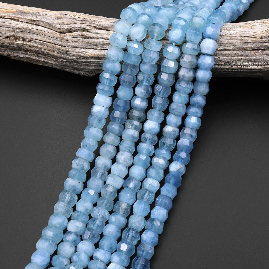 AAA Translucent Faceted Natural Santa Maria Blue Aquamarine Faceted Rondelle Wheel 8mm Beads 15.5" Strand