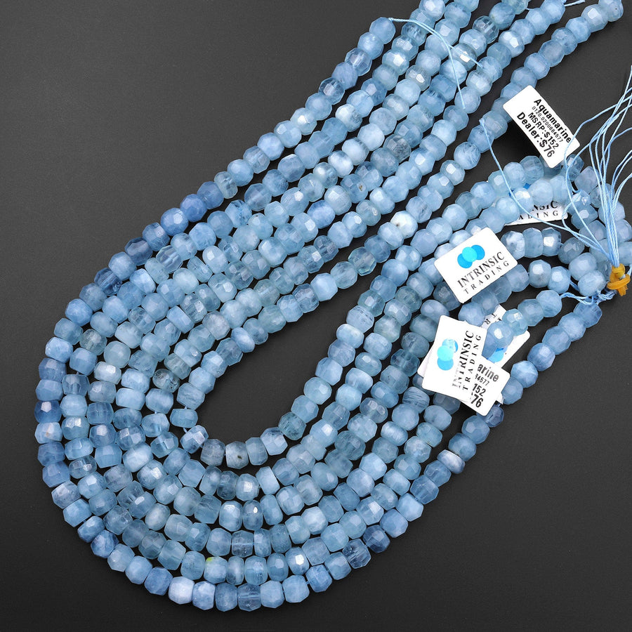 AAA Translucent Faceted Natural Santa Maria Blue Aquamarine Faceted Rondelle Wheel 8mm Beads 15.5" Strand
