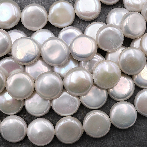 Natural White Coin Pearl Iridescent 12mm 15.5" Strand