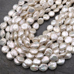 Natural White Coin Pearl 12mm Iridescent Real Genuine Freshwater Pearls 15.5" Strand