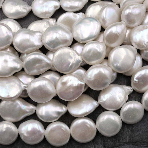 AA Natural White Coin Pearl 10mm Iridescent Real Genuine Freshwater Pearls 15.5" Strand