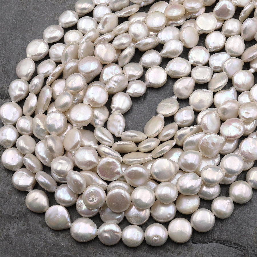 AA Natural White Coin Pearl 10mm Iridescent Real Genuine Freshwater Pearls 15.5" Strand