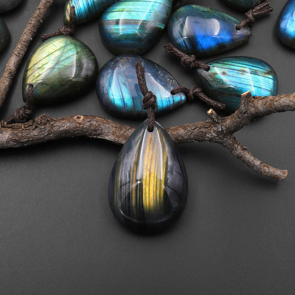 AAA Natural Rainbow Labradorite Teardrop W/ Stripes Front Drilled Pendant A2