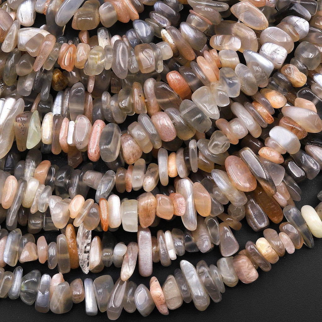 Natural Silvery Peach Gray Moonstone Freeform Chip Nugget Spike Beads 15.5" Strand
