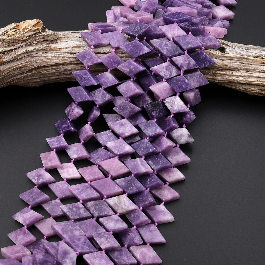 Natural Violet Purple Lepidolite Beads Kite Marquise Diamond Shape Center Drilled Flat Gemstone 15.5" Strand