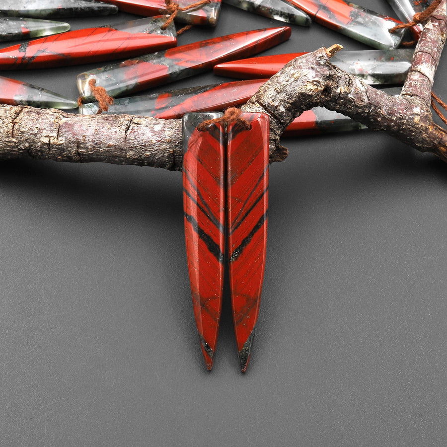 Natural African Bloodstone Matched Long Dagger Triangle Spike Earring Beads Drilled Gemstone Pair A1