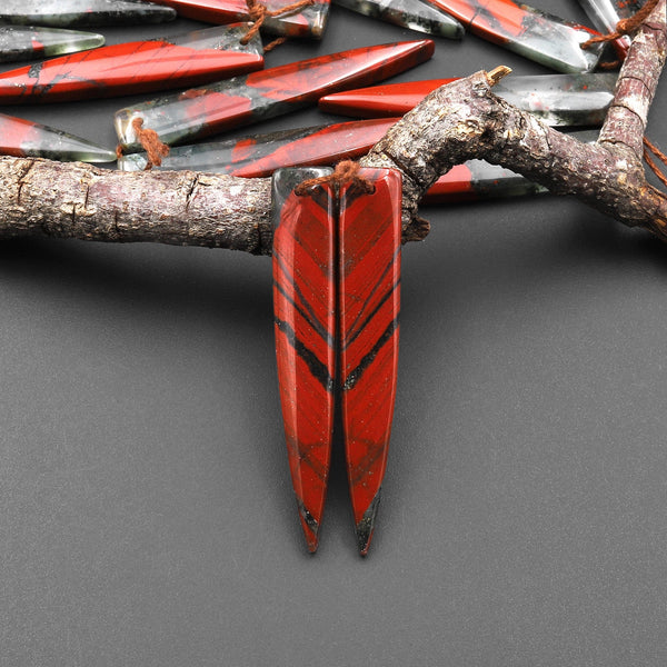 Natural African Bloodstone Matched Long Dagger Triangle Spike Earring Beads Drilled Gemstone Pair A1