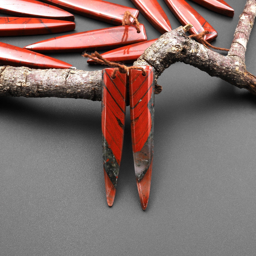 Natural African Bloodstone Matched Dagger Triangle Spike Earring Beads Drilled Gemstone Pair
