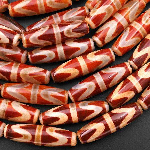 Large Tibetan Agate Barrel Drum Cylinder Tube 38mm Beads Dzi Agate Burnt Red Orange Antique Boho Beads 15.5" Strand