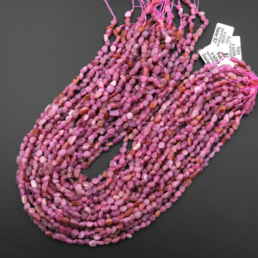 Natural Pink Ruby Freeform Small Pebble Nugget Beads Gemstone 15.5" Strand