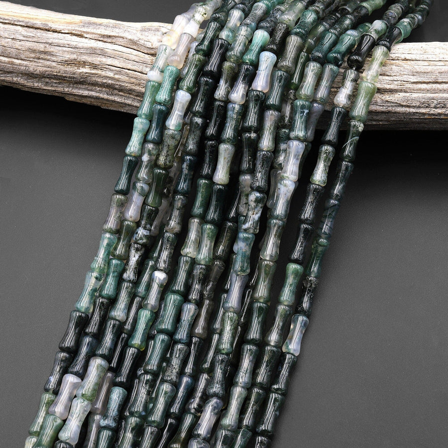 Natural Green Moss Agate Tube Cylinder Carved Bamboo Stem Shape 15.5" Strand