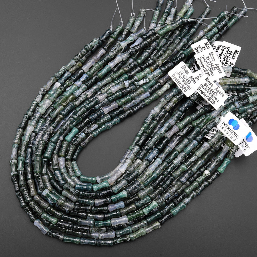 Natural Green Moss Agate Tube Cylinder Carved Bamboo Stem Shape 15.5" Strand