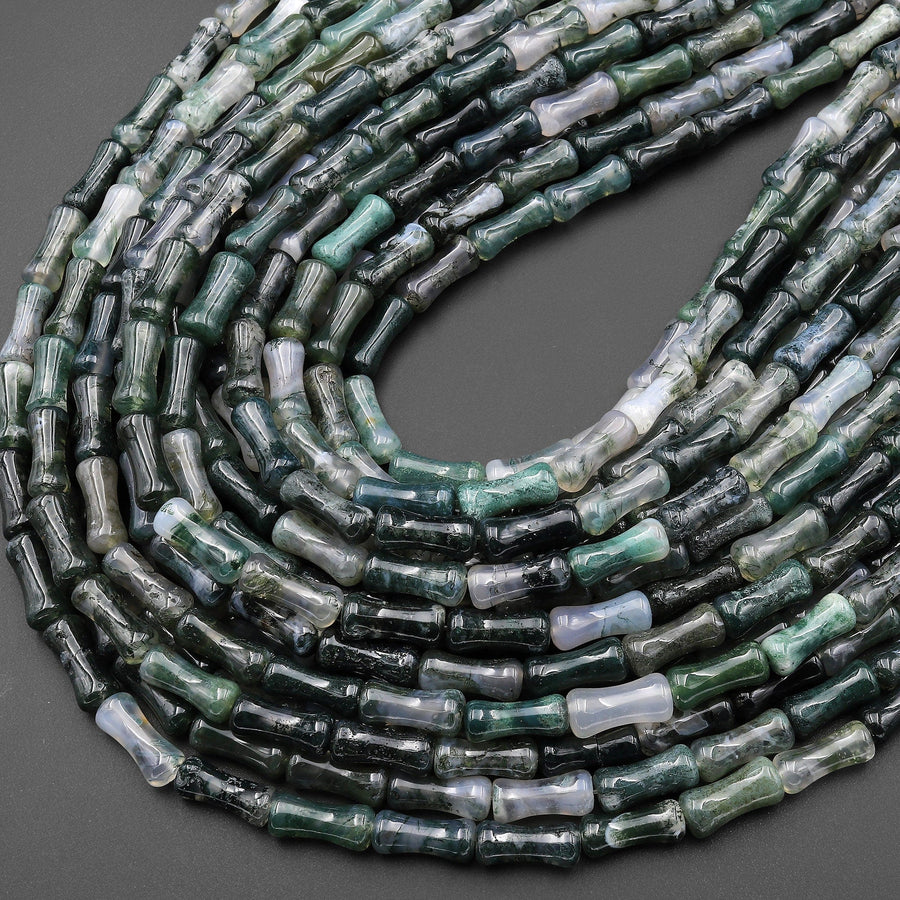 Natural Green Moss Agate Tube Cylinder Carved Bamboo Stem Shape 15.5" Strand