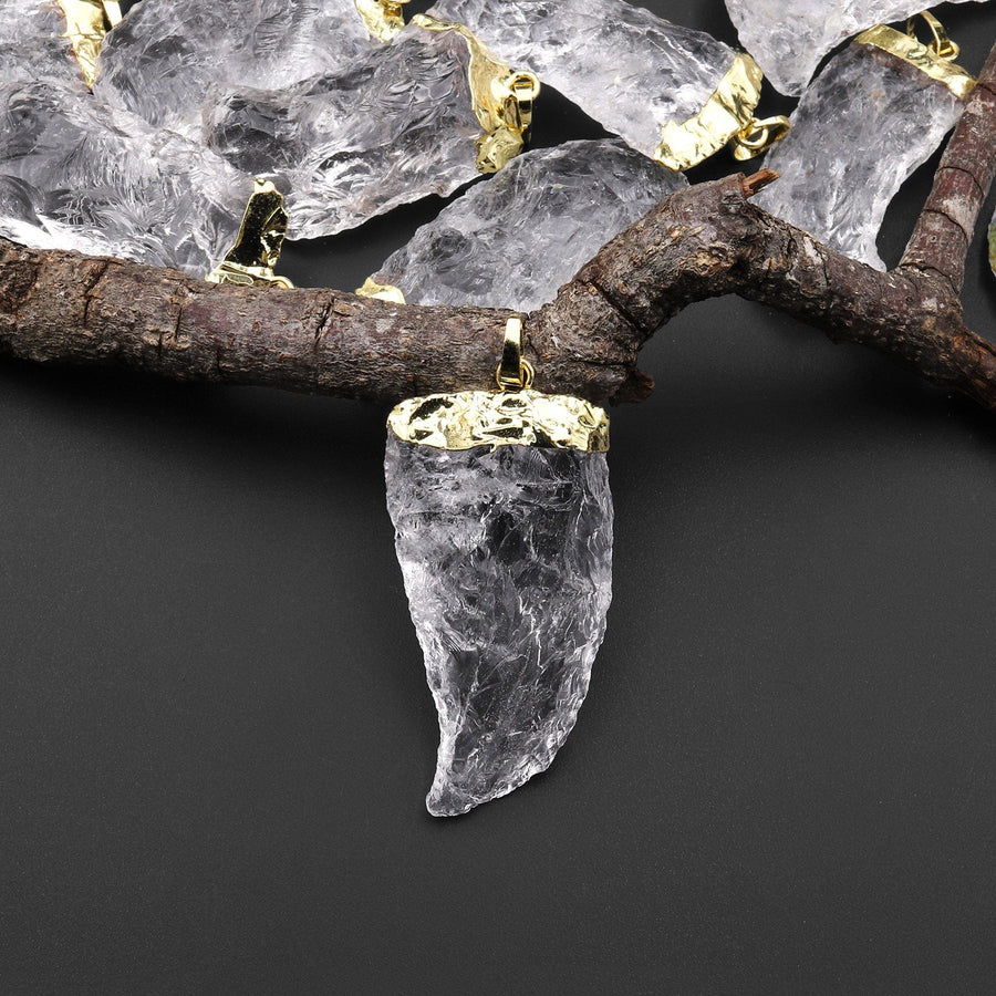 Natural Rough Raw Rock Crystal Quartz Pendants Hand Hammered Claw Gold Plated