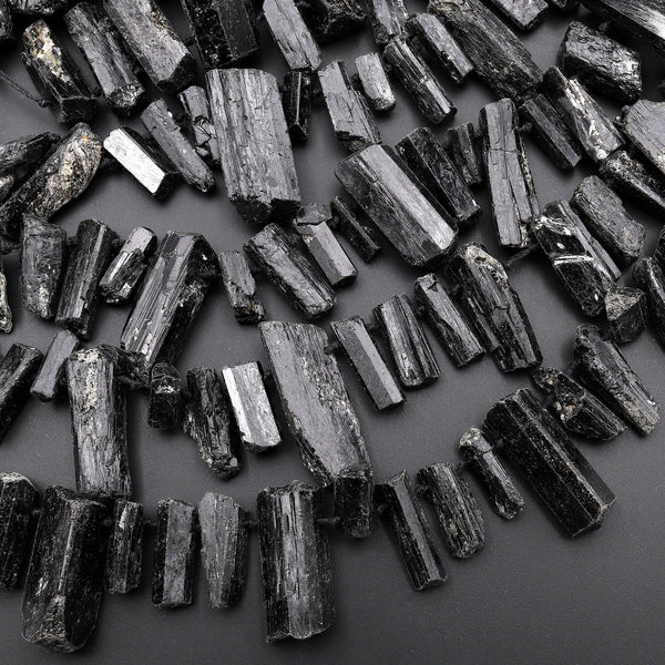 Natural Black Tourmaline Crystal Beads Top Side Drilled Gemstone Spike 15.5" Strand