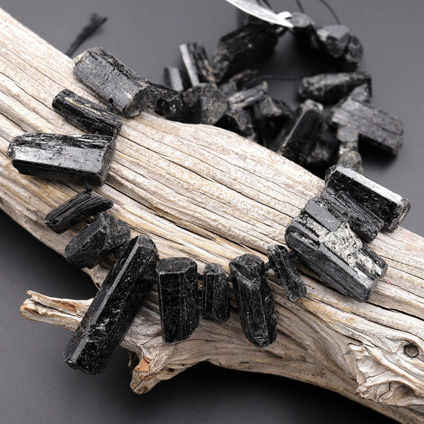 Natural Black Tourmaline Crystal Beads Top Side Drilled Gemstone Spike 15.5" Strand A2