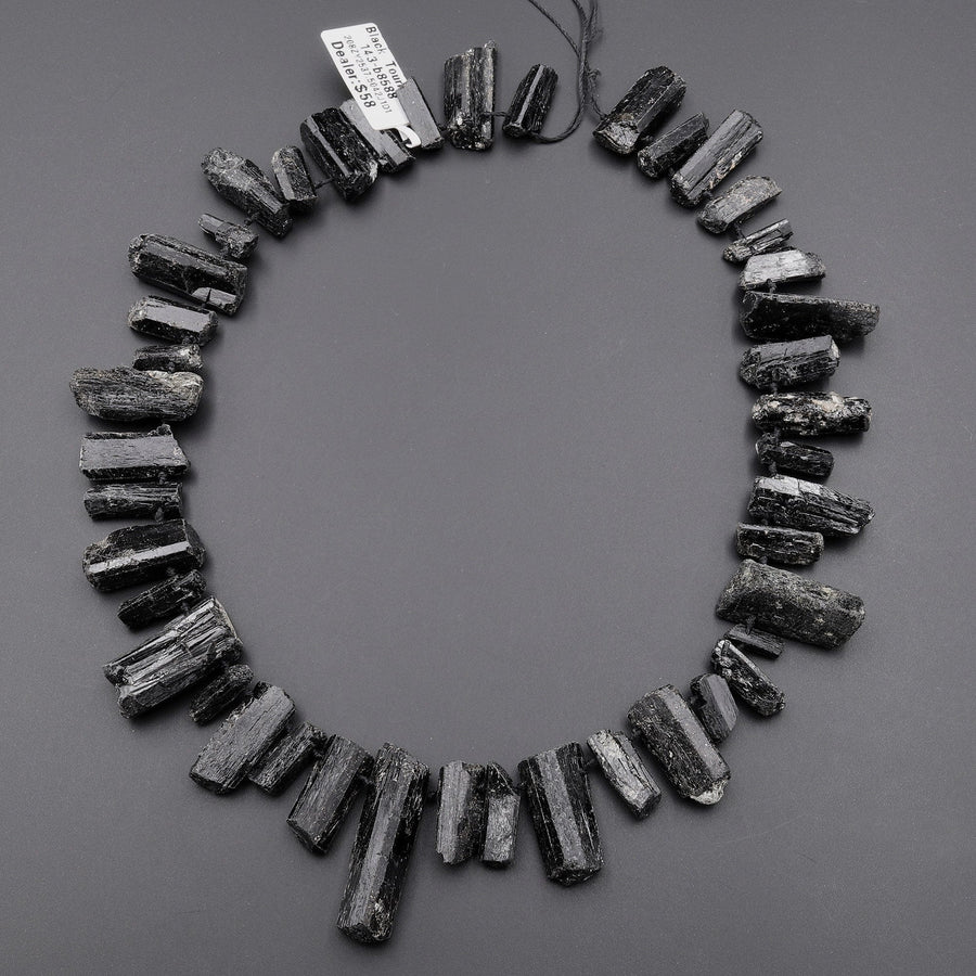 Natural Black Tourmaline Crystal Beads Top Side Drilled Gemstone Spike 15.5" Strand A2