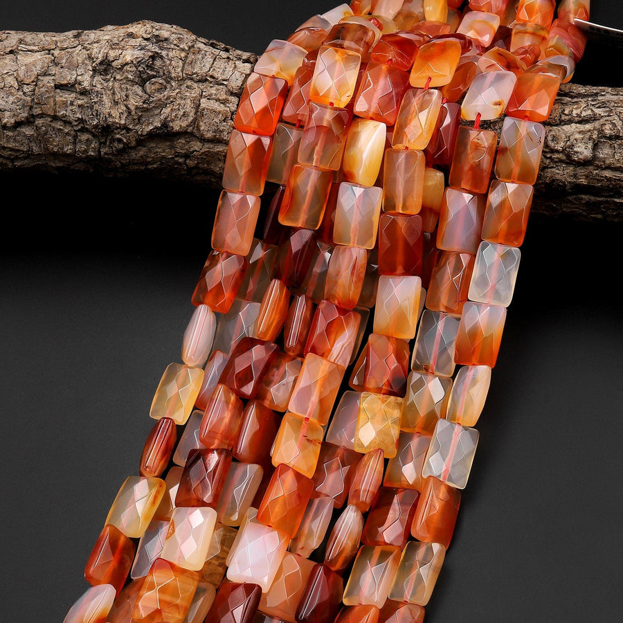 Natural Carnelian Faceted Rectangle Cushion Beads Fiery Orange Red Gemstone 15.5" Strand