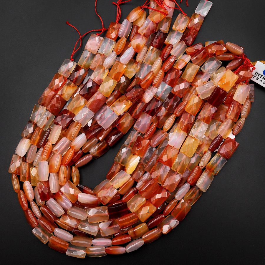 Natural Carnelian Faceted Rectangle Cushion Beads Fiery Orange Red Gemstone 15.5" Strand