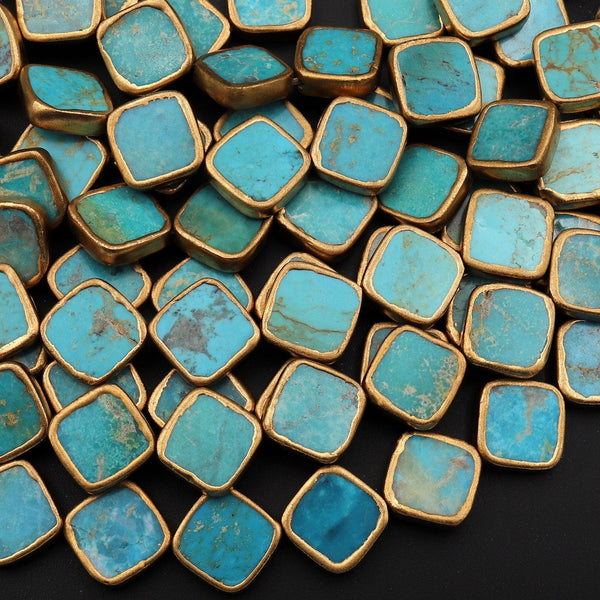 Genuine Natural Turquoise Gold Copper Edging Square Diamond Kite Beads Choose from 5pcs, 10pcs 15.5" Strand