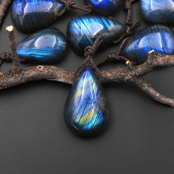 AAA Natural Blue Labradorite Teardrop W/ Stripes Side Drilled Pendant A2