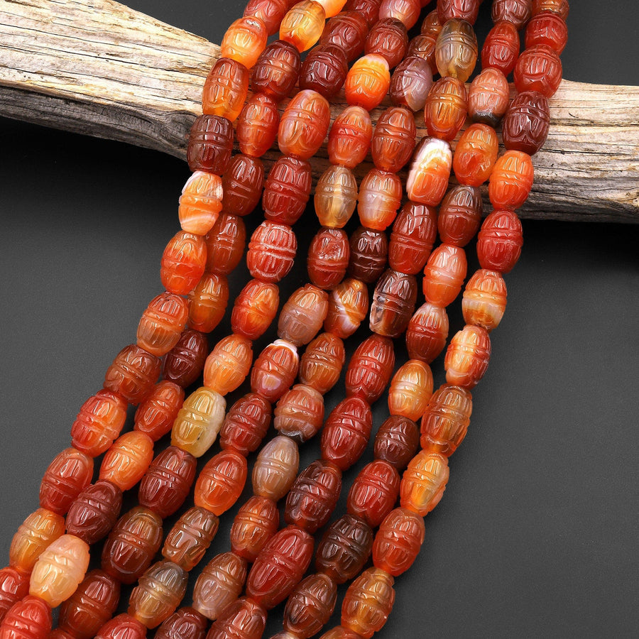 Hand Carved Natural Orange Red Carnelian Barrel Gemstone Beads 15.5" Strand