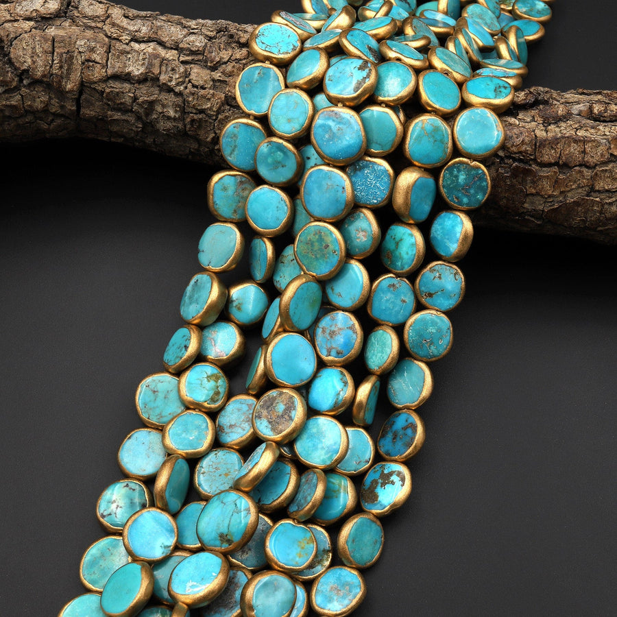 Genuine 100% Natural Blue Green Turquoise Gold Copper Edging Freeform Coin Beads Choose from 5pcs, 10pcs 15.5" Strand