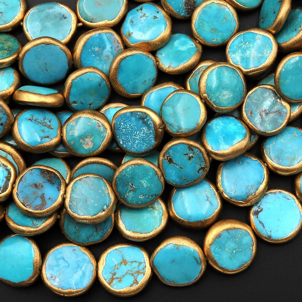 Genuine 100% Natural Blue Green Turquoise Gold Copper Edging Freeform Coin Beads Choose from 5pcs, 10pcs 15.5" Strand