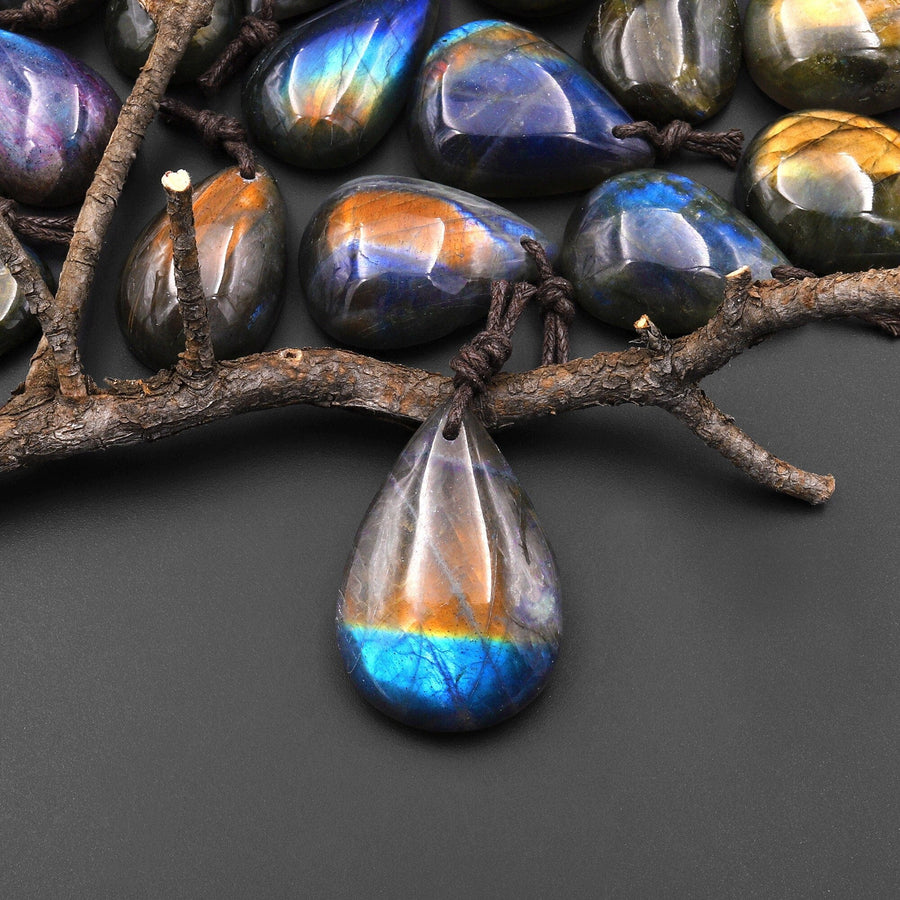 AAA Natural Golden Rainbow Labradorite Teardrop Front Drilled Pendant A1