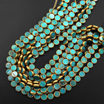 Genuine 100% Natural Blue Turquoise Gold Copper Edging Coin 12mm Beads Choose from 5pcs, 10pcs, Handmade 16" Strand