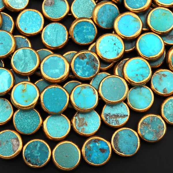 Genuine 100% Natural Blue Turquoise Gold Copper Edging Coin 12mm Beads Choose from 5pcs, 10pcs, Handmade 16" Strand
