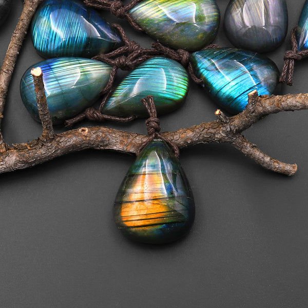 AAA Natural Rainbow Labradorite Teardrop w/ Stripes Side Drilled Pendant A2