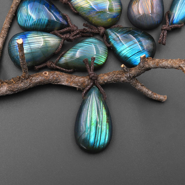 AAA Natural Rainbow Labradorite Teardrop w/ Stripes Side Drilled Pendant A4