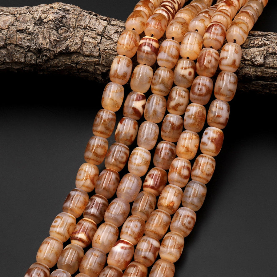 Tibetan Agate 14mm Barrel Beads Dzi Agate Golden Sandy Peach Mala Antique Boho Beads 15.5" Strand