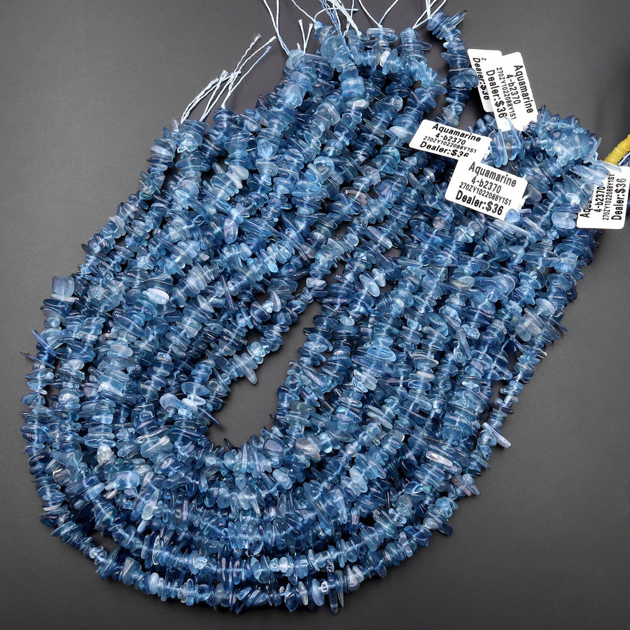 Rare Natural Stormy Blue Santa Maria Aquamarine Freeform Center Drilled Chip Beads Gemstone 15.5" Strand